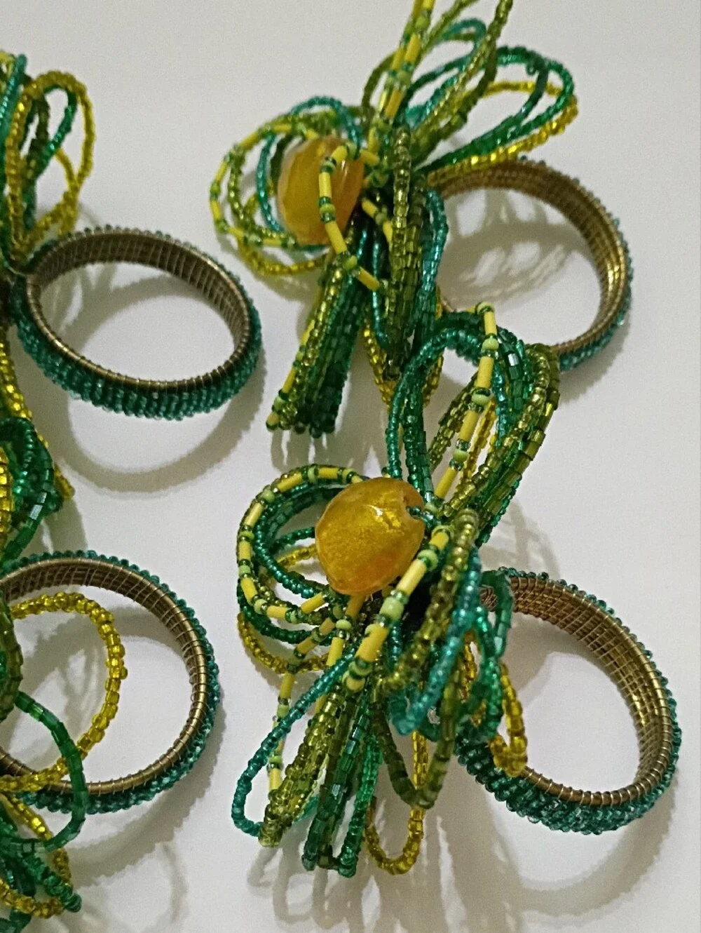Pier 1 Handmade Beaded Flower Napkin Rings in Green and Yellow - Set of 4